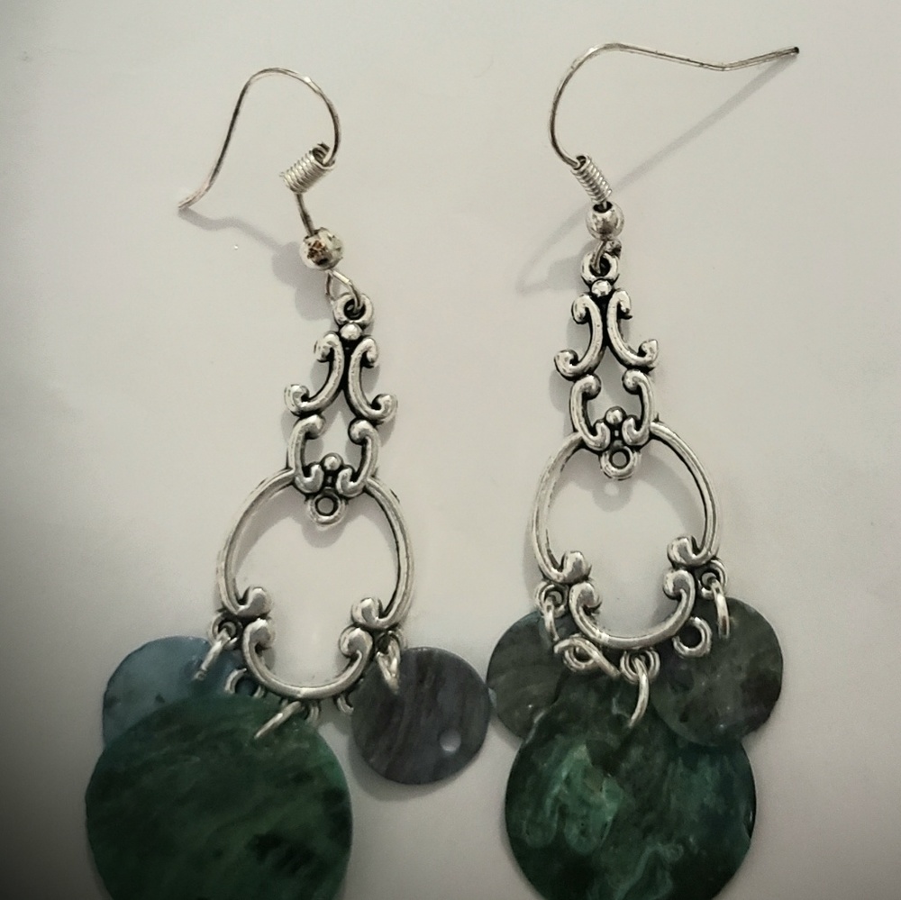 Silver and blue green chandelier earrings